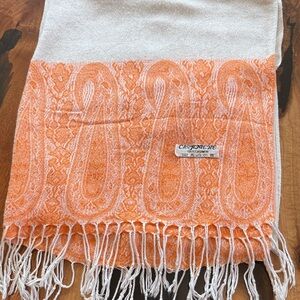 Cashmere Paisley Fringe Scarf in Orange and White